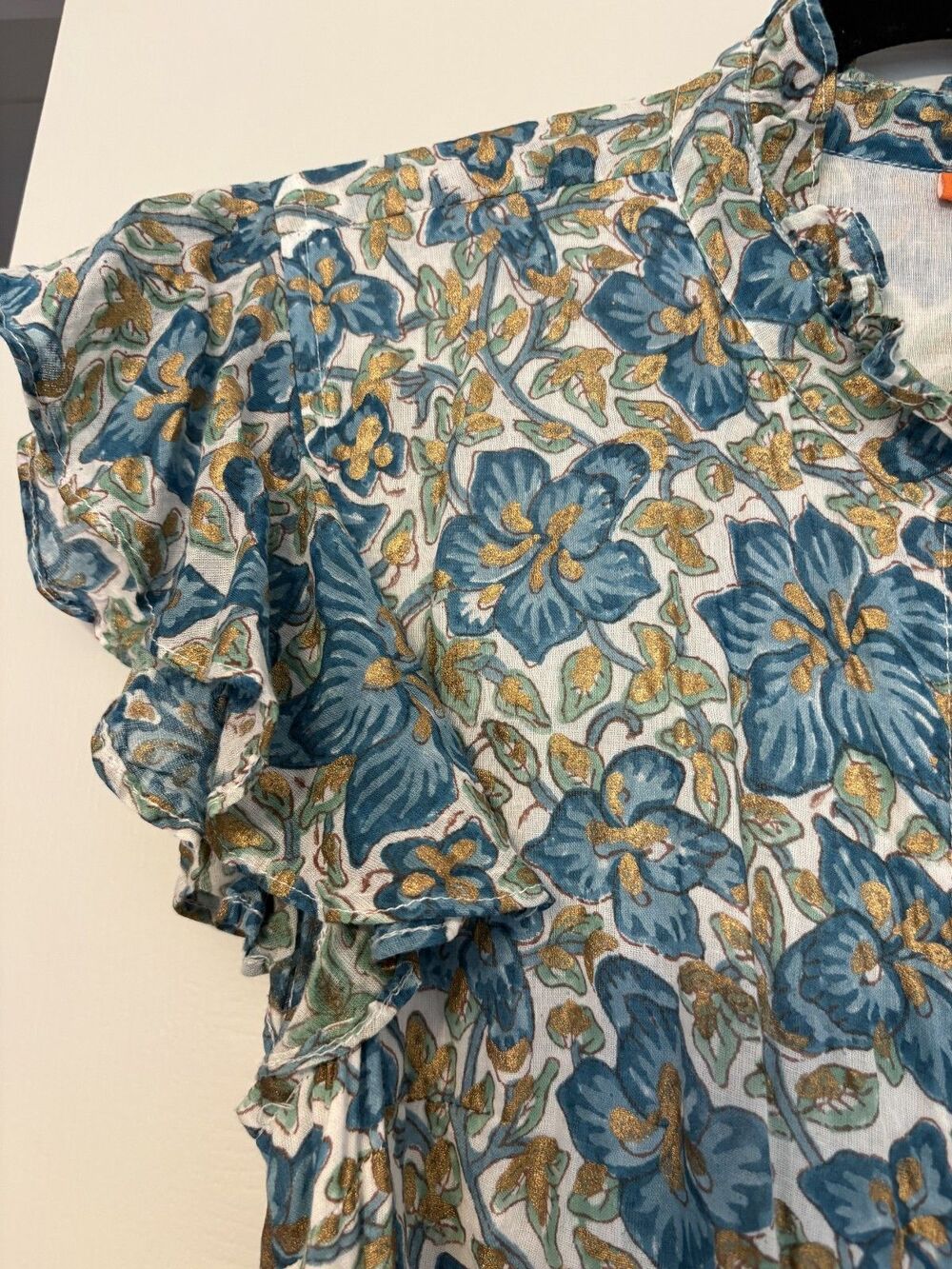 Oliphant Ruffle Collar Button Maxi Dress Size M Ivy Blue/Gold - Picture 5 of 10